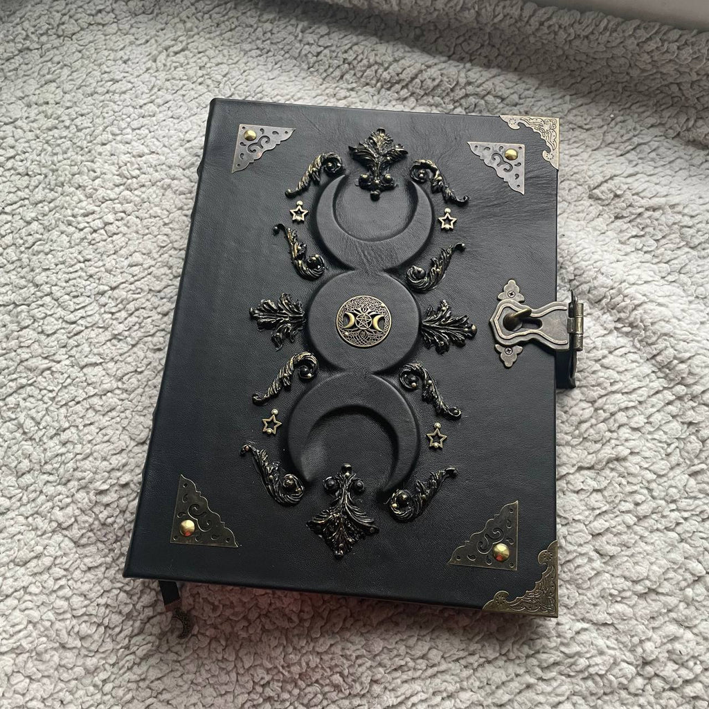 Black Moon A4 Leather Binder Grimoire | Refillable Witchcraft Book | Triple Moon Symbol