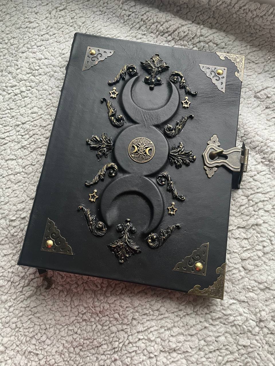 Black Moon A4 Leather Binder Grimoire | Refillable Witchcraft Book | Triple Moon Symbol