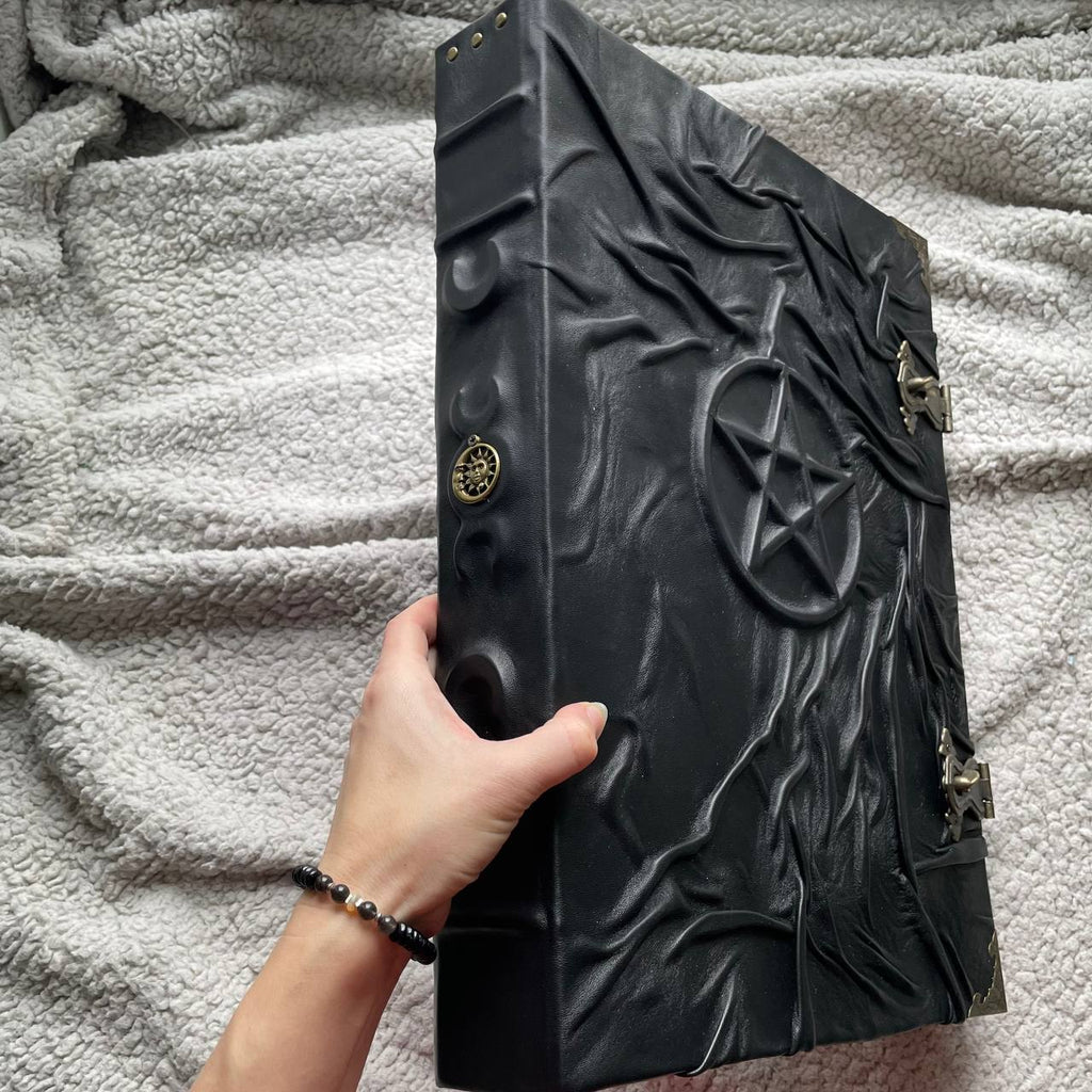 Giant Pentagram Grimoire - Black Genuine Leather Witchcraft Book, Gothic Occult Tome