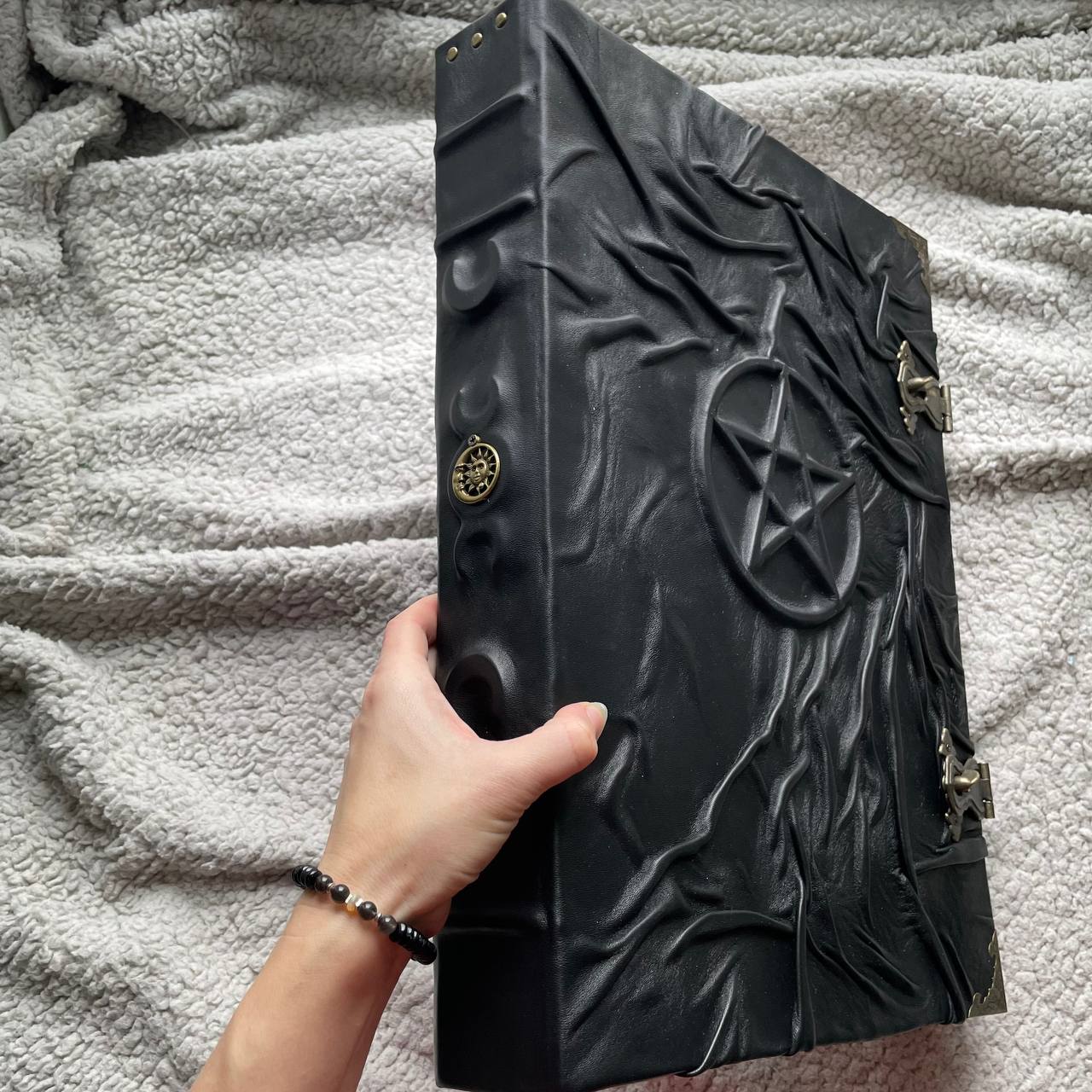 Giant Pentagram Grimoire - Black Genuine Leather Witchcraft Book, Gothic Occult Tome