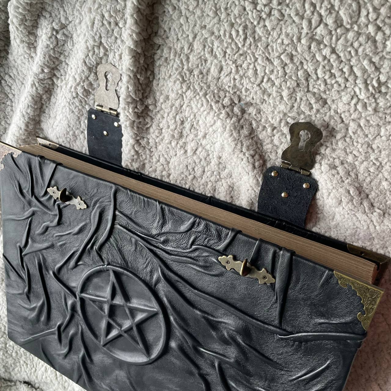 Giant Pentagram Grimoire - Black Genuine Leather Witchcraft Book, Gothic Occult Tome