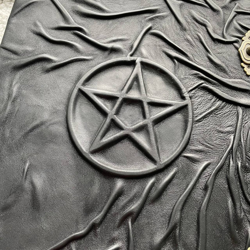 Giant Pentagram Grimoire - Black Genuine Leather Witchcraft Book, Gothic Occult Tome