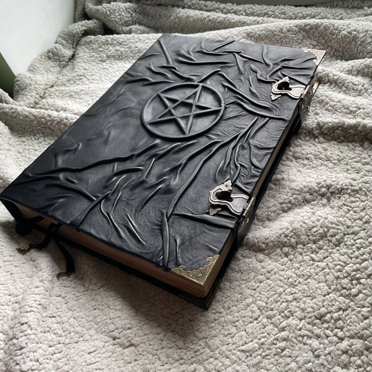 Giant Pentagram Grimoire - Black Genuine Leather Witchcraft Book, Gothic Occult Tome