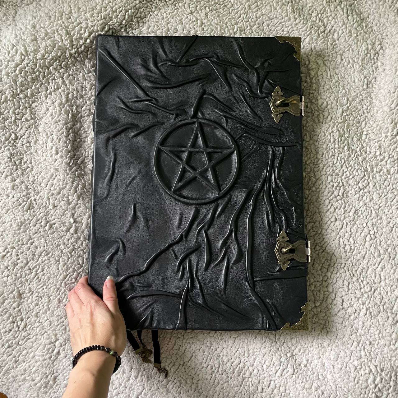 Giant Pentagram Grimoire - Black Genuine Leather Witchcraft Book, Gothic Occult Tome