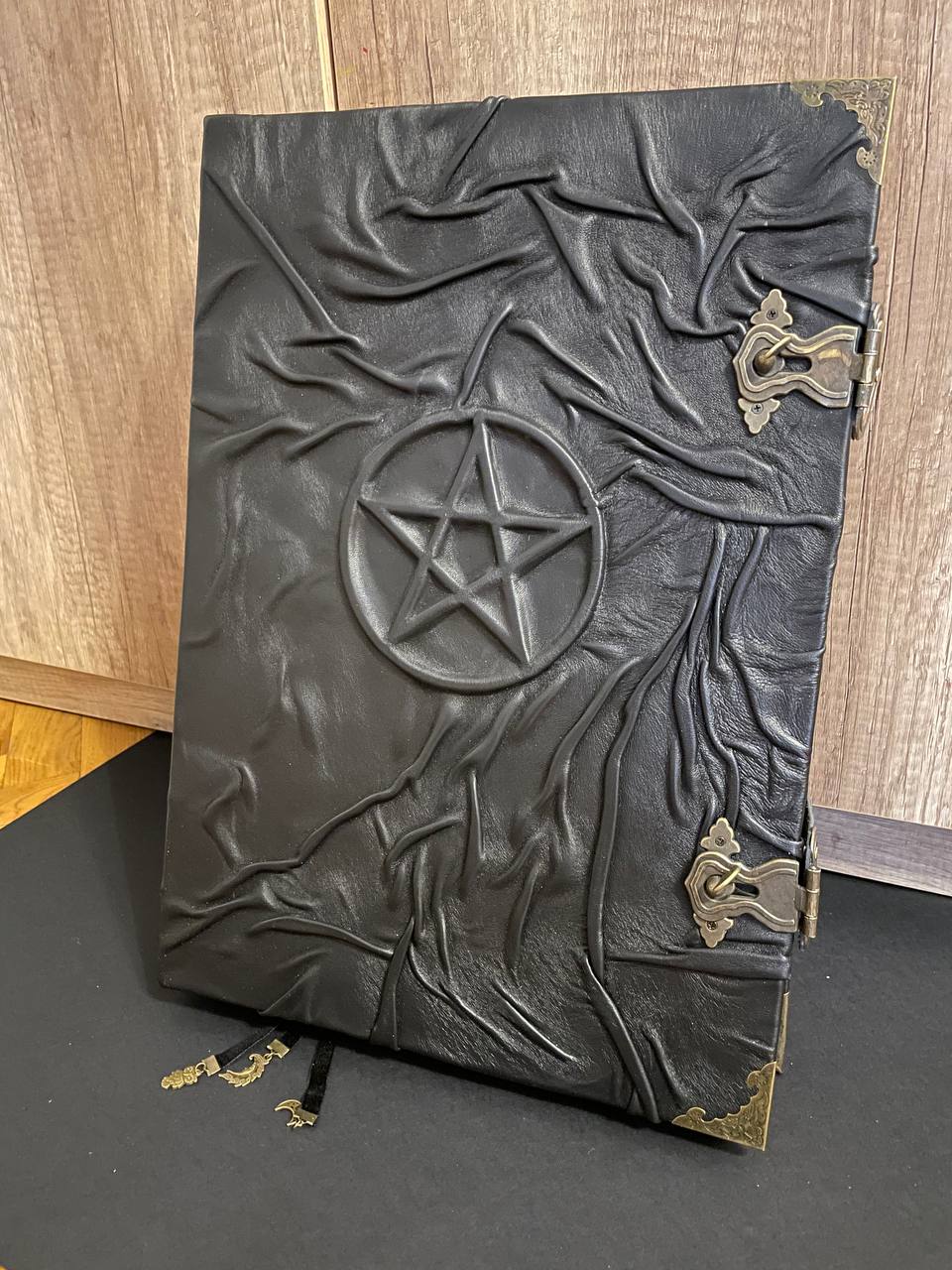Giant Pentagram Grimoire - Black Genuine Leather Witchcraft Book, Gothic Occult Tome