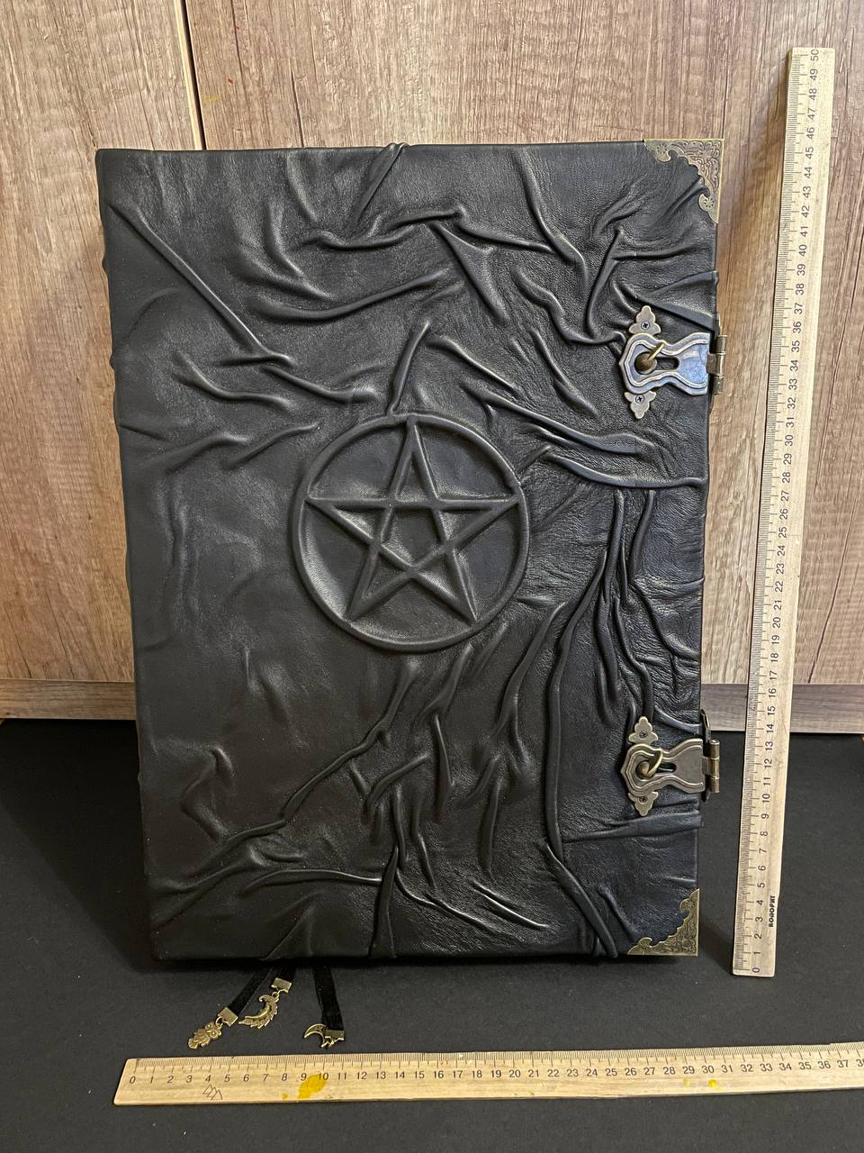 Giant Pentagram Grimoire - Black Genuine Leather Witchcraft Book, Gothic Occult Tome