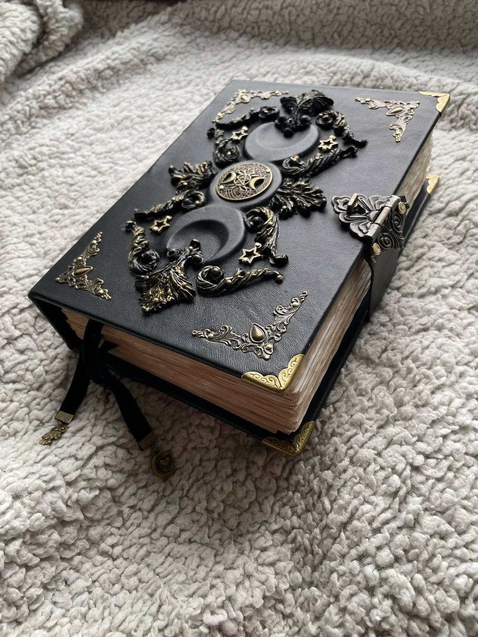 Black Moon Vintage Grimoire  | Aged Coffee-Stained Pages  | Triple Moon, Handmade Spell Book