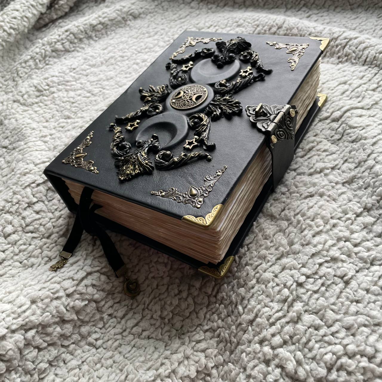 Black Moon Vintage Grimoire  | Aged Coffee-Stained Pages  | Triple Moon, Handmade Spell Book