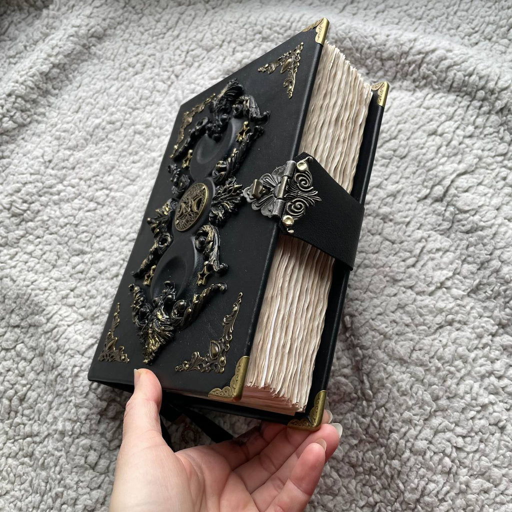 Black Moon Vintage Grimoire  | Aged Coffee-Stained Pages  | Triple Moon, Handmade Spell Book