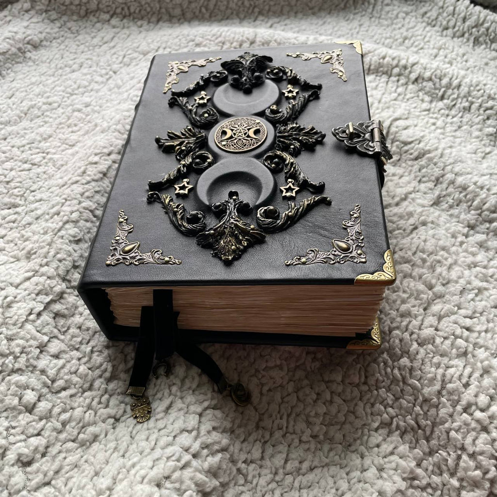 Black Moon Vintage Grimoire  | Aged Coffee-Stained Pages  | Triple Moon, Handmade Spell Book