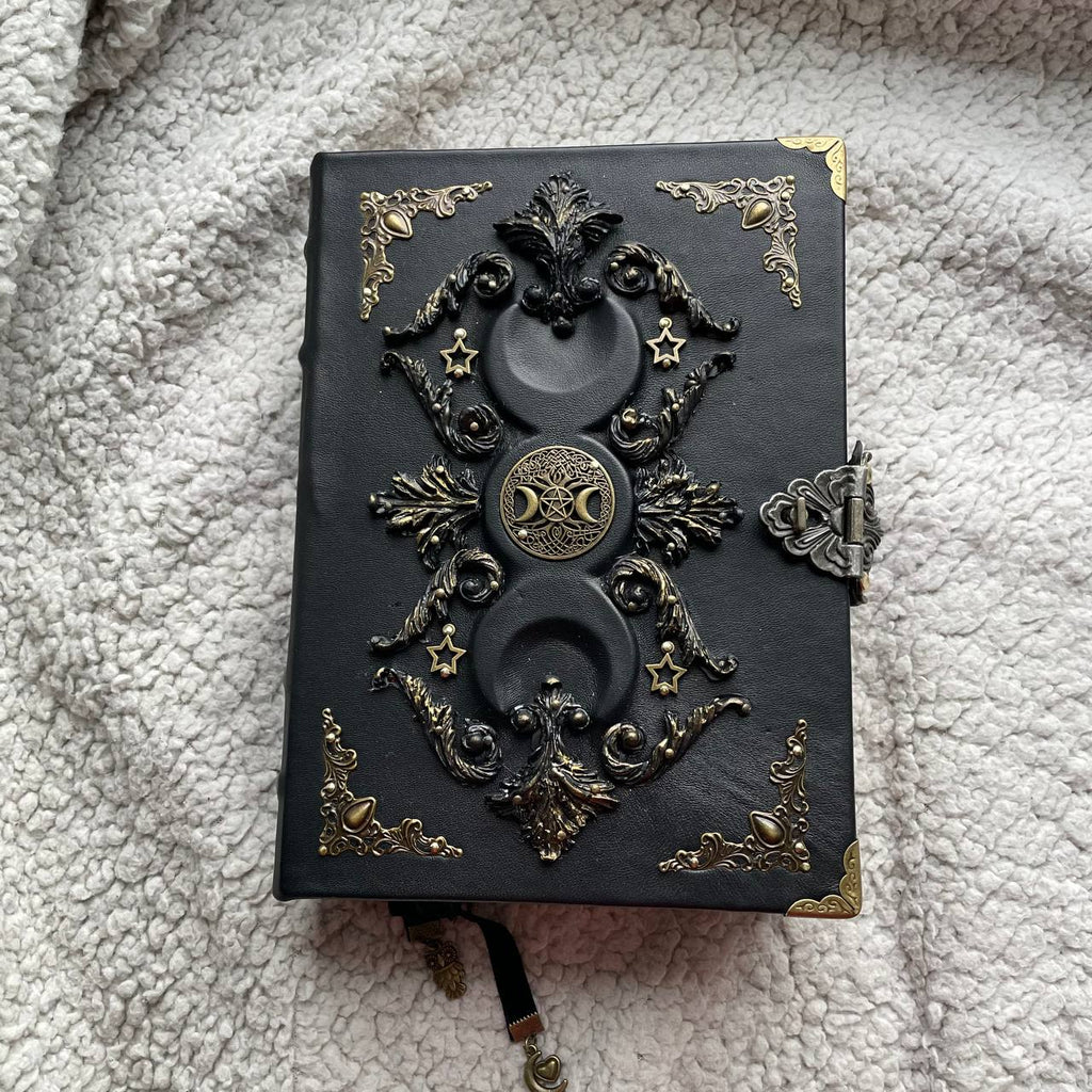 Black Moon Vintage Grimoire  | Aged Coffee-Stained Pages  | Triple Moon, Handmade Spell Book