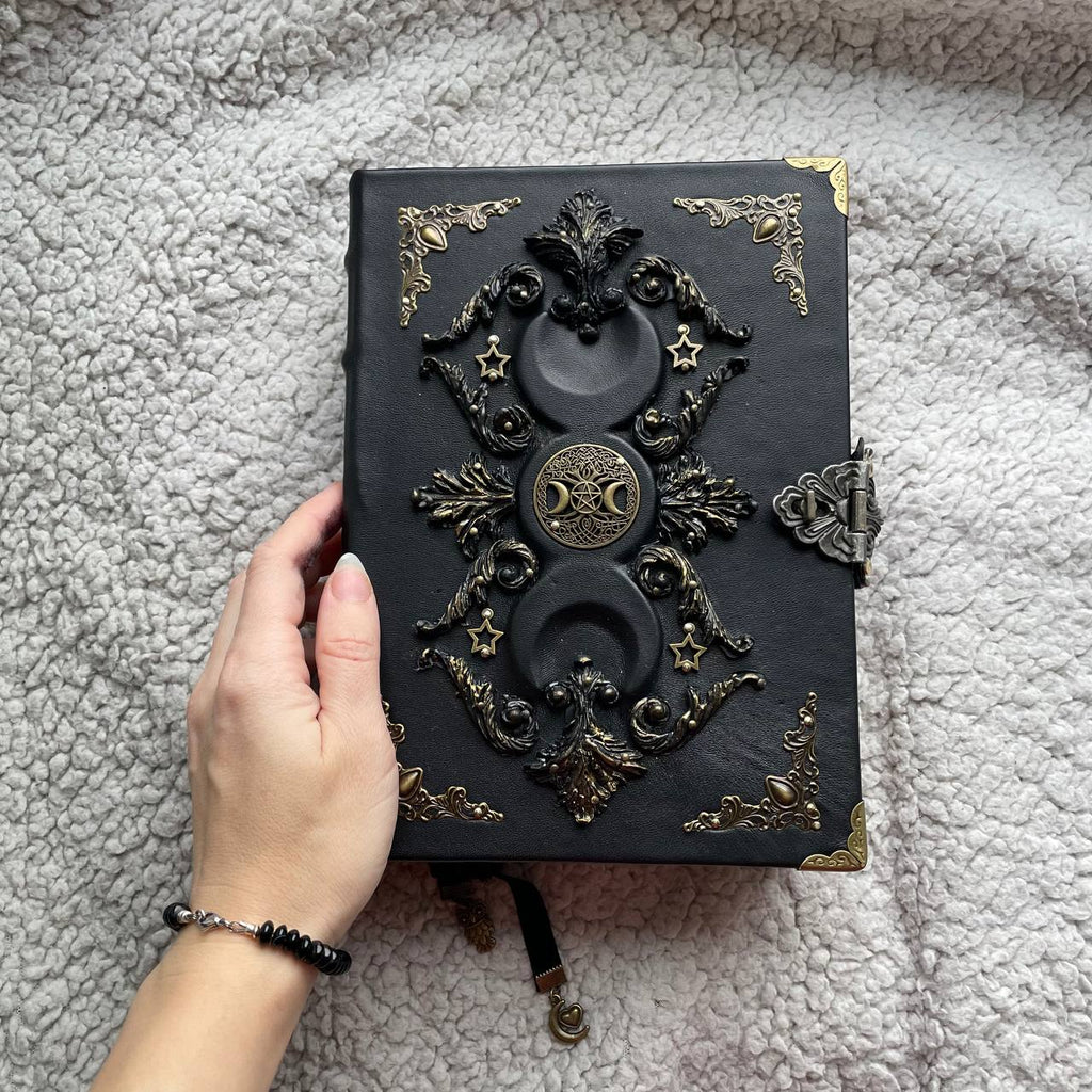 Black Moon Vintage Grimoire  | Aged Coffee-Stained Pages  | Triple Moon, Handmade Spell Book