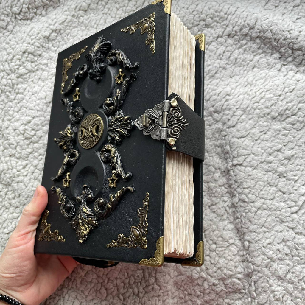 Black Moon Vintage Grimoire  | Aged Coffee-Stained Pages  | Triple Moon, Handmade Spell Book