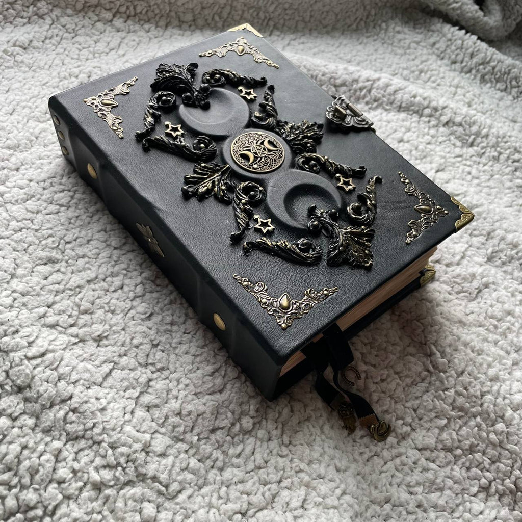 Black Moon Vintage Grimoire  | Aged Coffee-Stained Pages  | Triple Moon, Handmade Spell Book