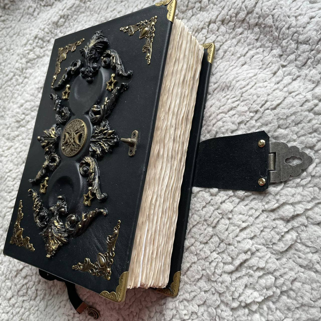 Black Moon Vintage Grimoire  | Aged Coffee-Stained Pages  | Triple Moon, Handmade Spell Book