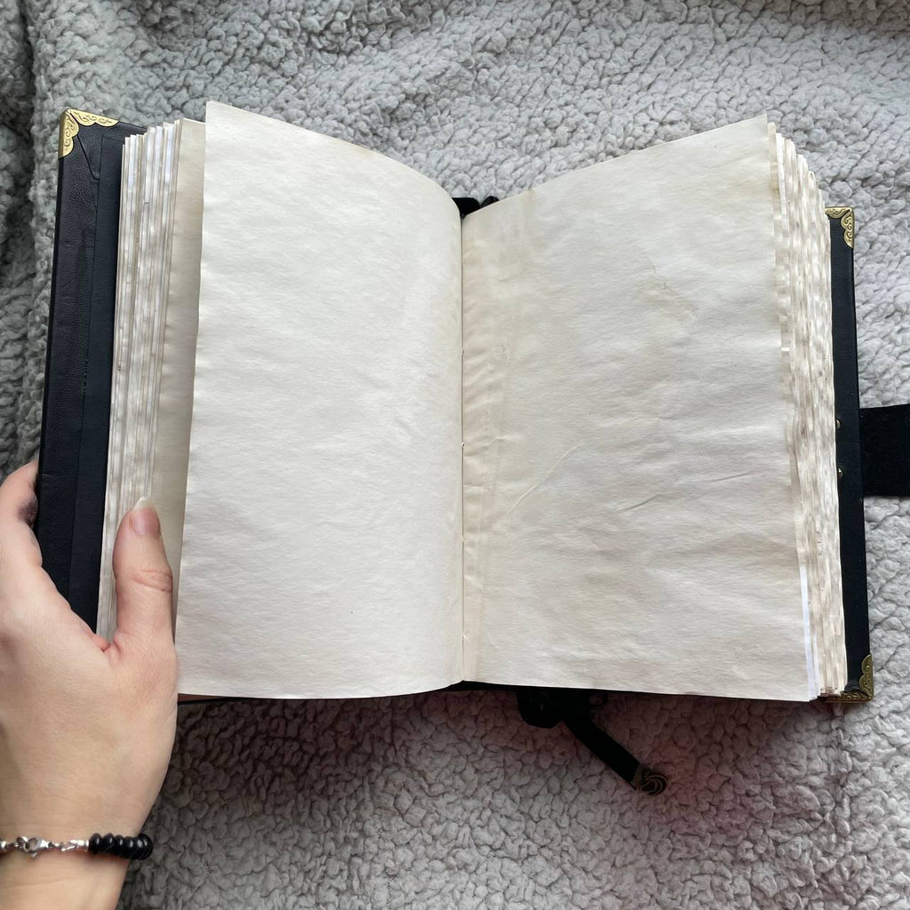 Black Moon Vintage Grimoire  | Aged Coffee-Stained Pages  | Triple Moon, Handmade Spell Book