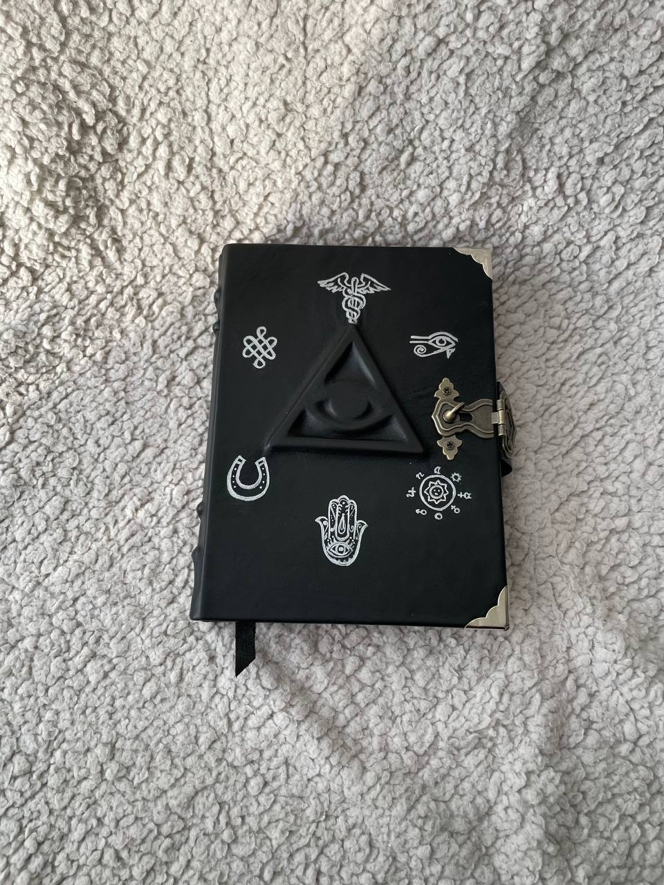 All-Seeing Eye Grimoire | Black Leather Witchcraft Journal | Hand-Painted Esoteric Symbols, Handmade Spellbook