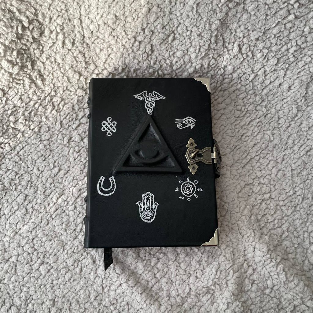 All-Seeing Eye Grimoire | Black Leather Witchcraft Journal | Hand-Painted Esoteric Symbols, Handmade Spellbook