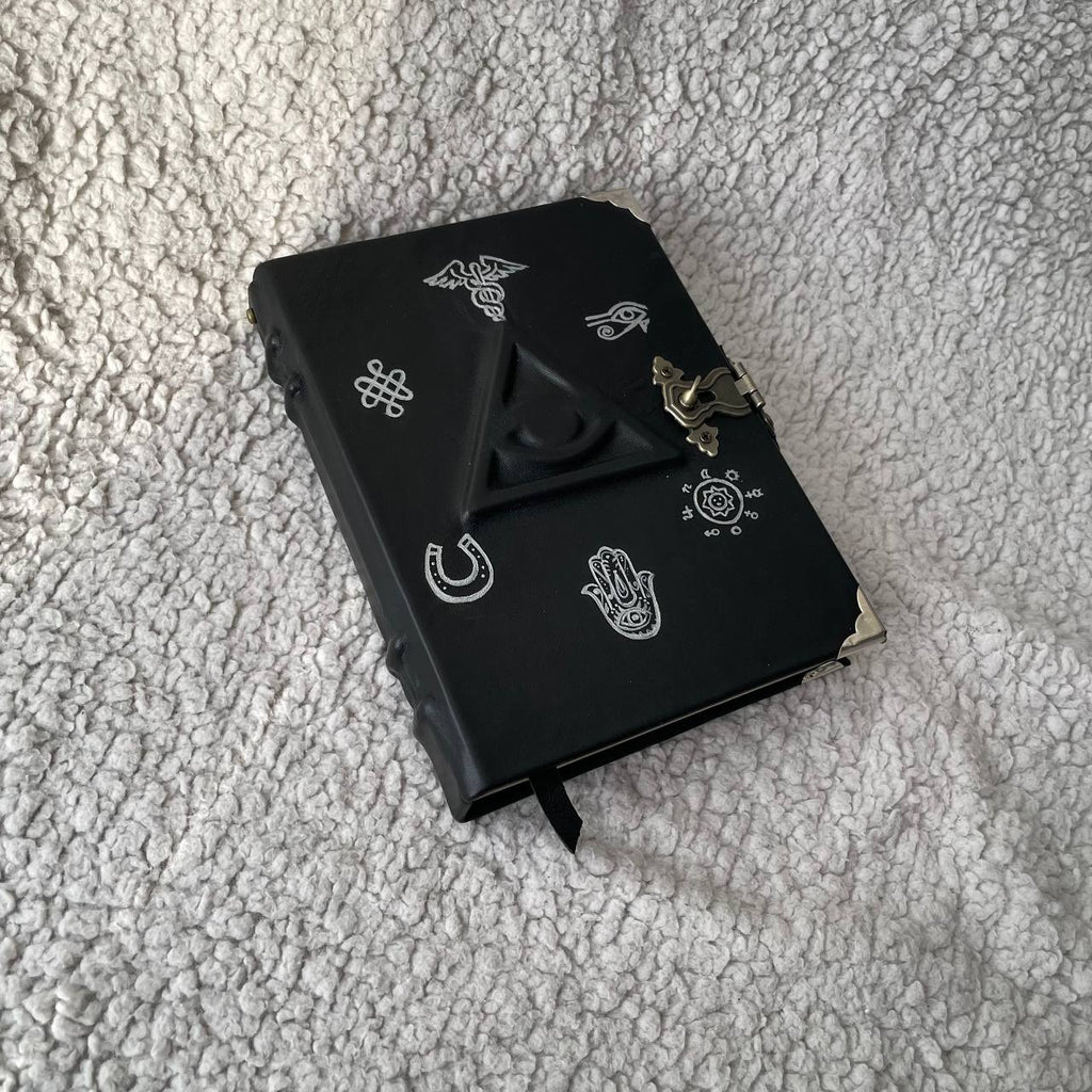 All-Seeing Eye Grimoire | Black Leather Witchcraft Journal | Hand-Painted Esoteric Symbols, Handmade Spellbook