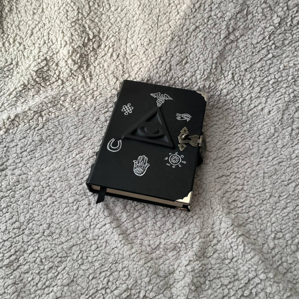 All-Seeing Eye Grimoire | Black Leather Witchcraft Journal | Hand-Painted Esoteric Symbols, Handmade Spellbook