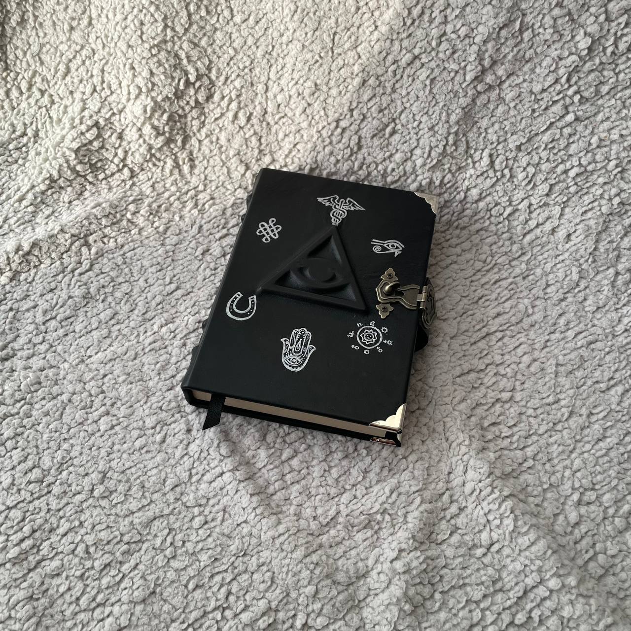 All-Seeing Eye Grimoire | Black Leather Witchcraft Journal | Hand-Painted Esoteric Symbols, Handmade Spellbook