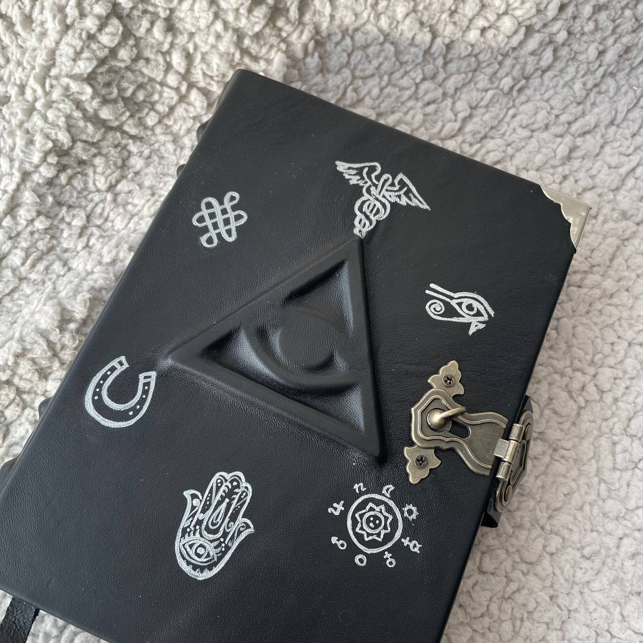 All-Seeing Eye Grimoire | Black Leather Witchcraft Journal | Hand-Painted Esoteric Symbols, Handmade Spellbook