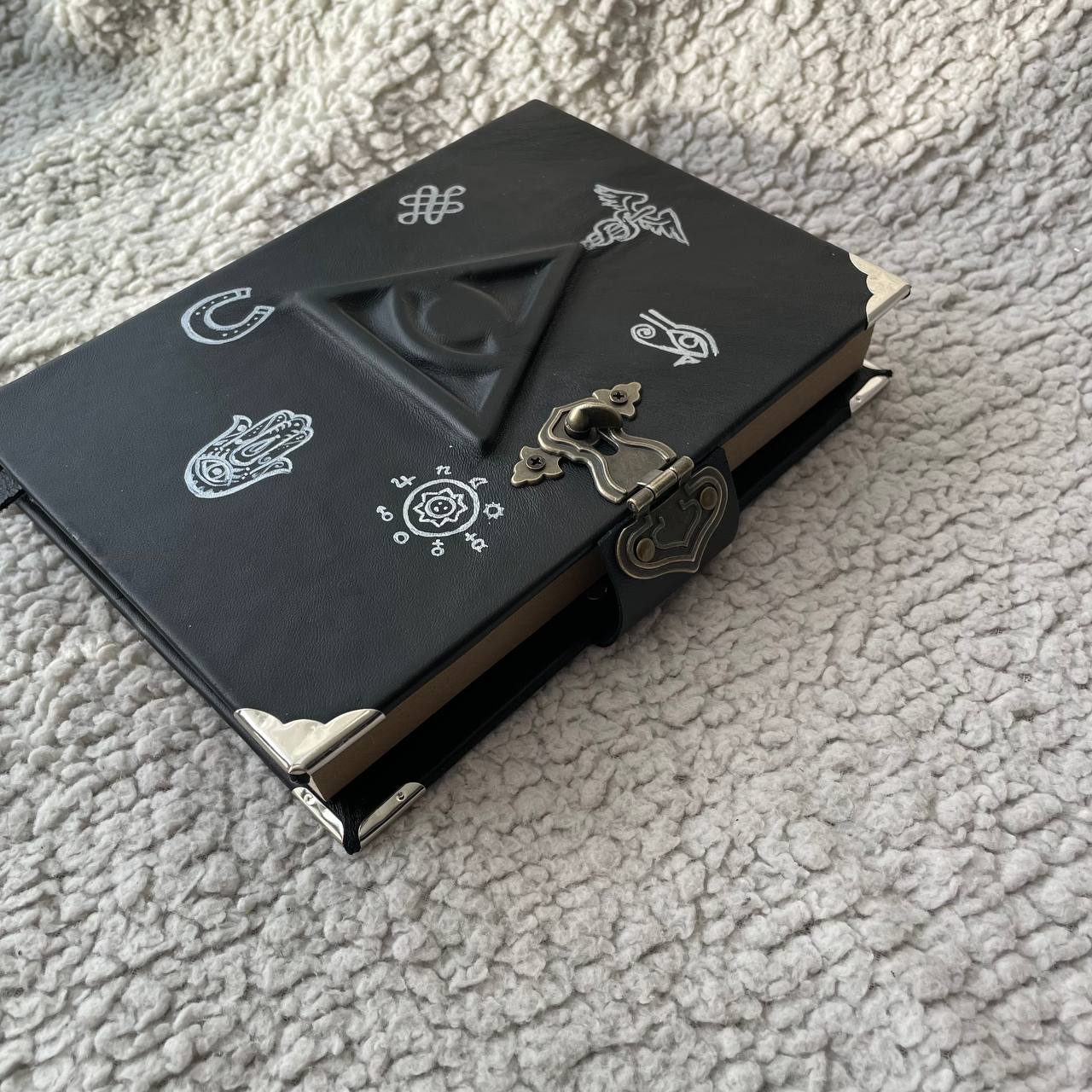 All-Seeing Eye Grimoire | Black Leather Witchcraft Journal | Hand-Painted Esoteric Symbols, Handmade Spellbook