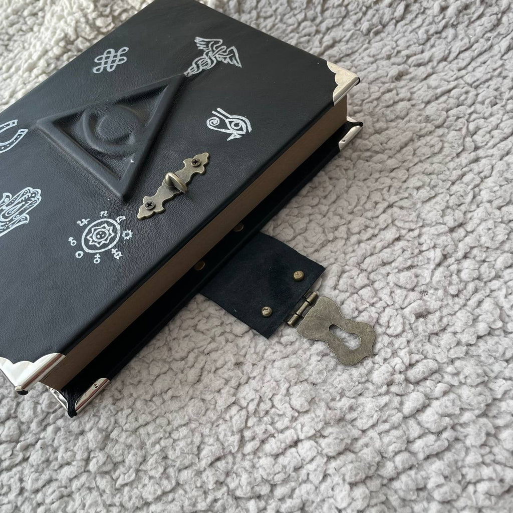 All-Seeing Eye Grimoire | Black Leather Witchcraft Journal | Hand-Painted Esoteric Symbols, Handmade Spellbook