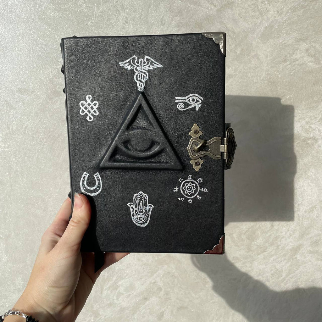 All-Seeing Eye Grimoire | Black Leather Witchcraft Journal | Hand-Painted Esoteric Symbols, Handmade Spellbook