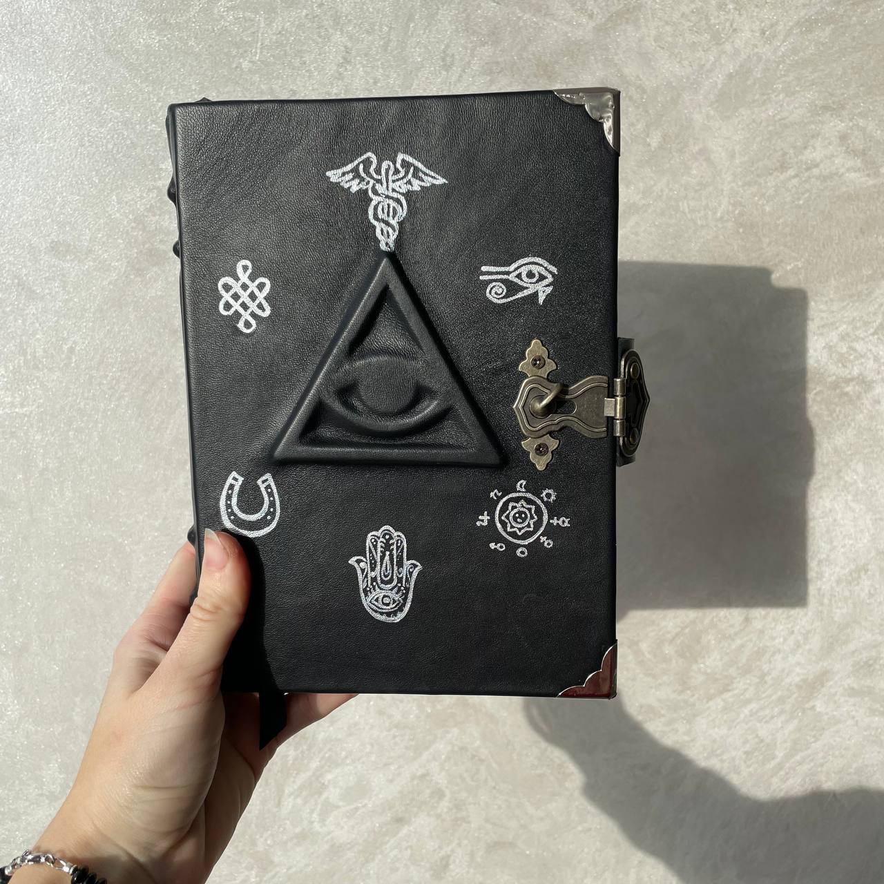All-Seeing Eye Grimoire | Black Leather Witchcraft Journal | Hand-Painted Esoteric Symbols, Handmade Spellbook