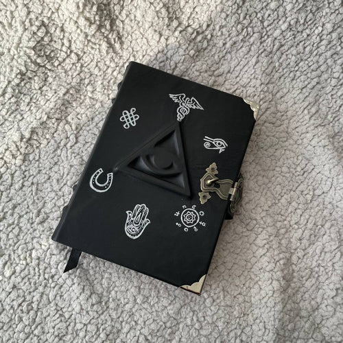 All-Seeing Eye Grimoire | Black Leather Witchcraft Journal | Hand-Painted Esoteric Symbols, Handmade Spellbook