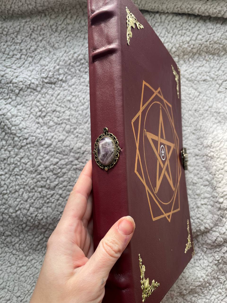 Leather Grimoire with Pentagram & Amethyst Handmade Book of Shadows | Metatron’s Cube Spellbook