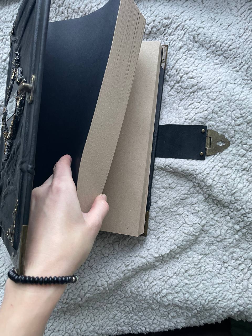 Gothic Leather Grimoire with Engraved Metal Plate – Handmade Black Spellbook