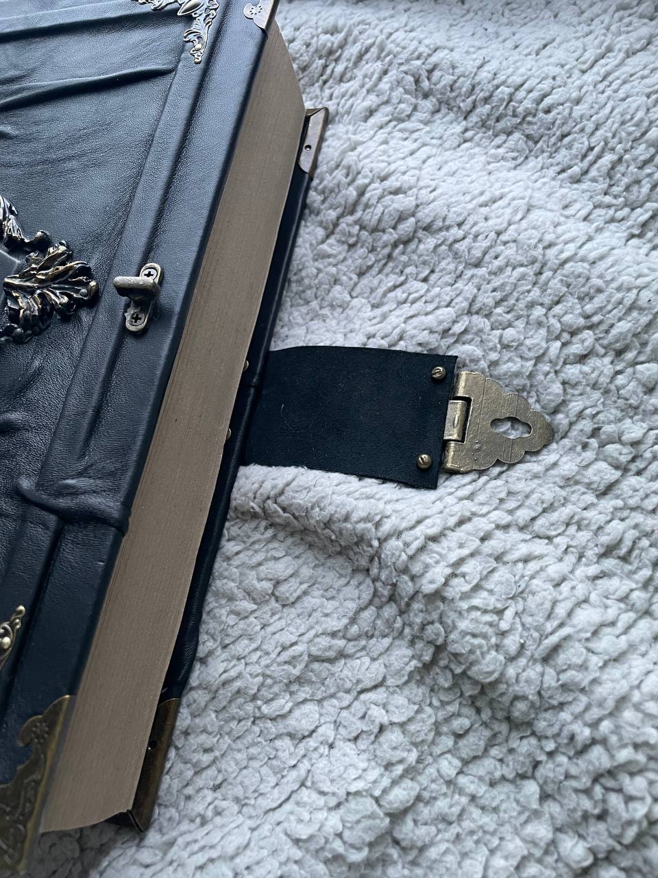 Gothic Leather Grimoire with Engraved Metal Plate – Handmade Black Spellbook