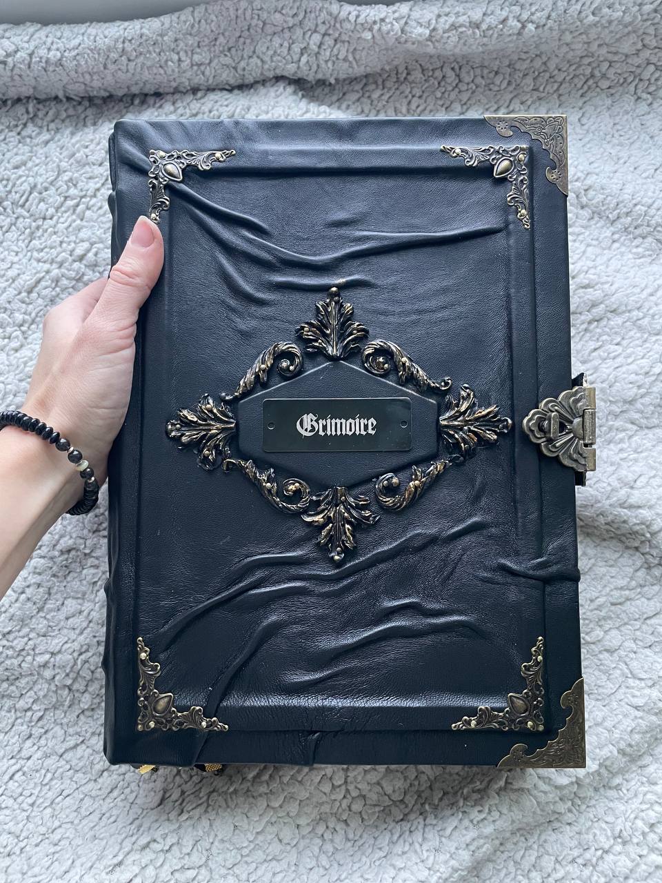 Gothic Leather Grimoire with Engraved Metal Plate – Handmade Black Spellbook
