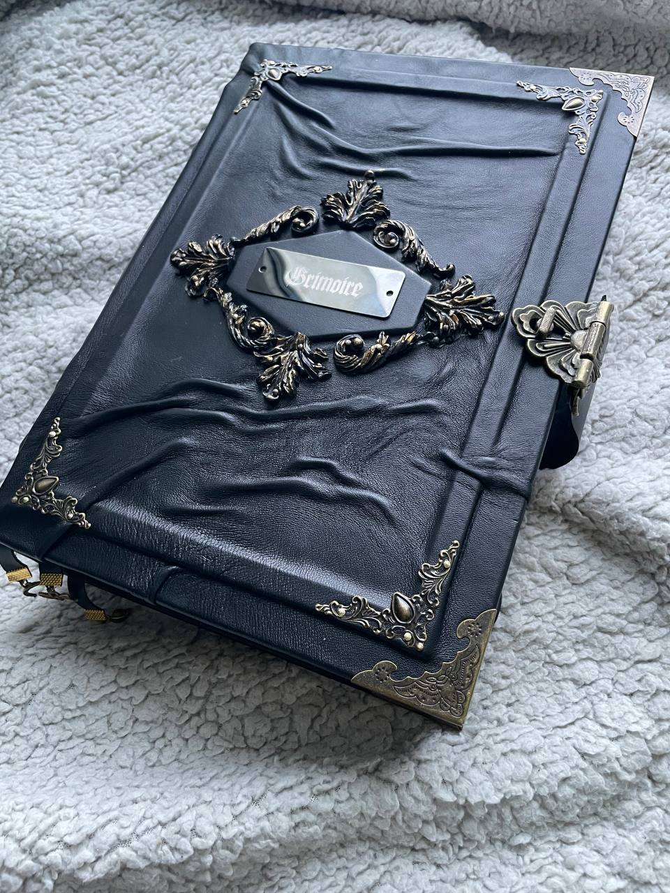 Gothic Leather Grimoire with Engraved Metal Plate – Handmade Black Spellbook