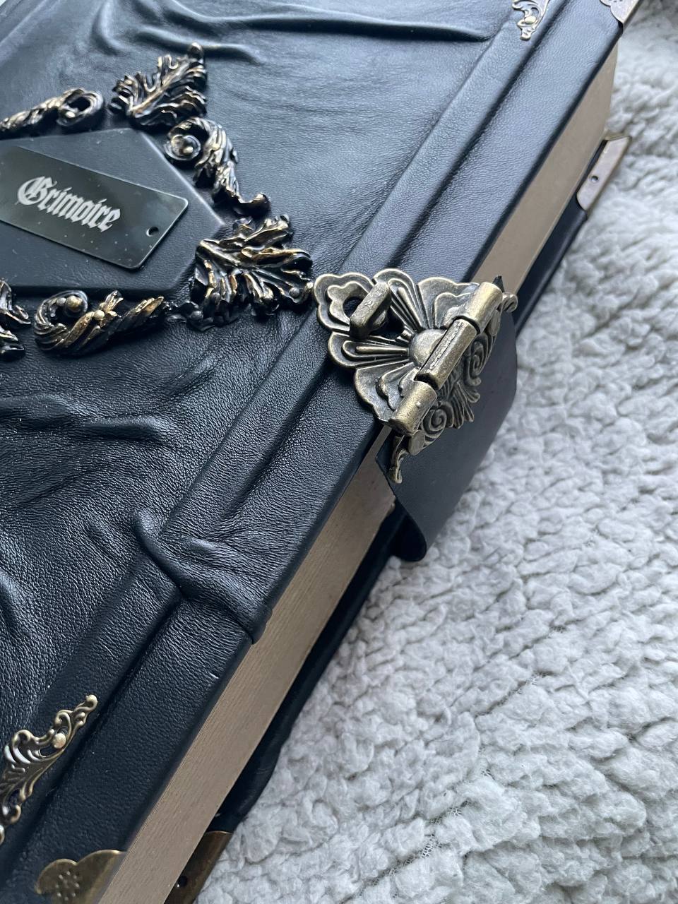 Gothic Leather Grimoire with Engraved Metal Plate – Handmade Black Spellbook