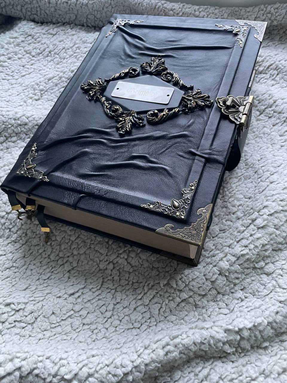 Gothic Leather Grimoire with Engraved Metal Plate – Handmade Black Spellbook