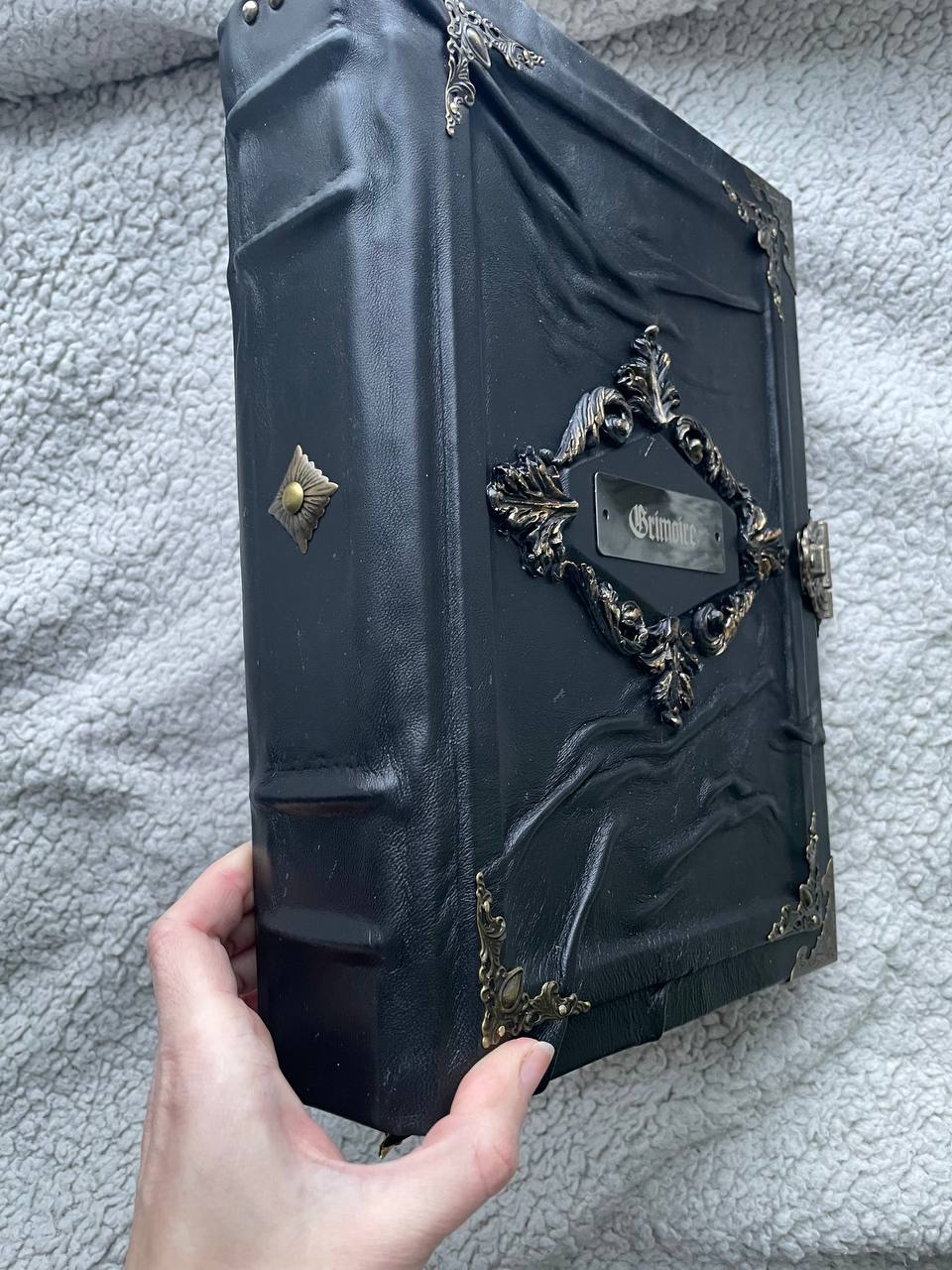 Gothic Leather Grimoire with Engraved Metal Plate – Handmade Black Spellbook