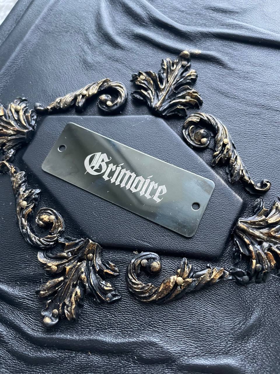 Gothic Leather Grimoire with Engraved Metal Plate – Handmade Black Spellbook