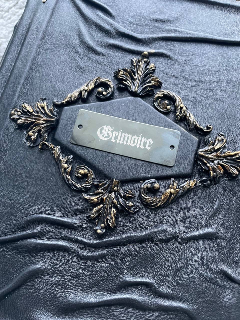 Gothic Leather Grimoire with Engraved Metal Plate – Handmade Black Spellbook