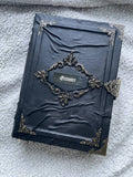 Gothic Leather Grimoire with Engraved Metal Plate – Handmade Black Spellbook