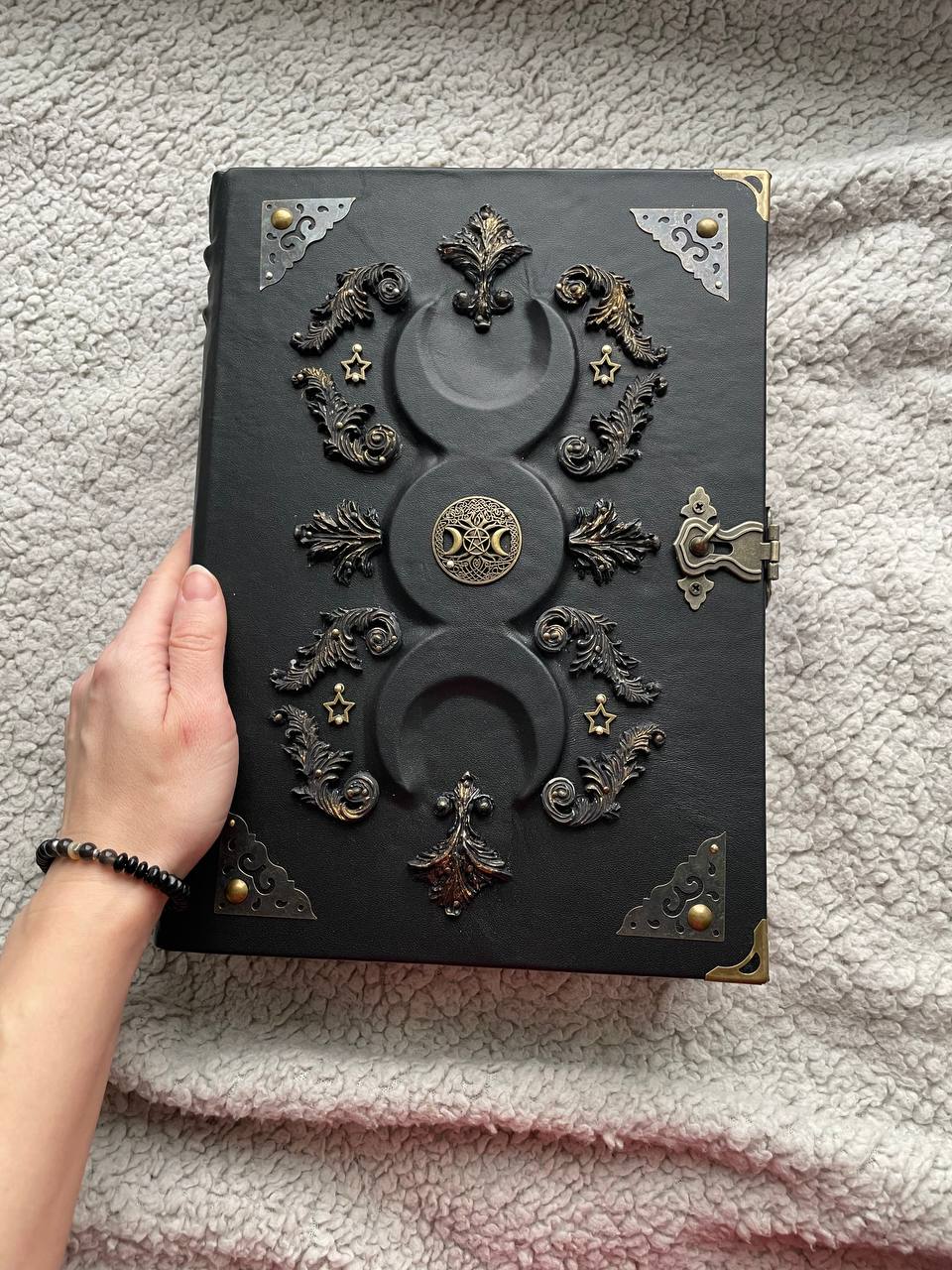 Black Moon Leather Grimoire A4 • Handmade Spellbook with Bronze Decor & Lock • Gothic Witch Journal