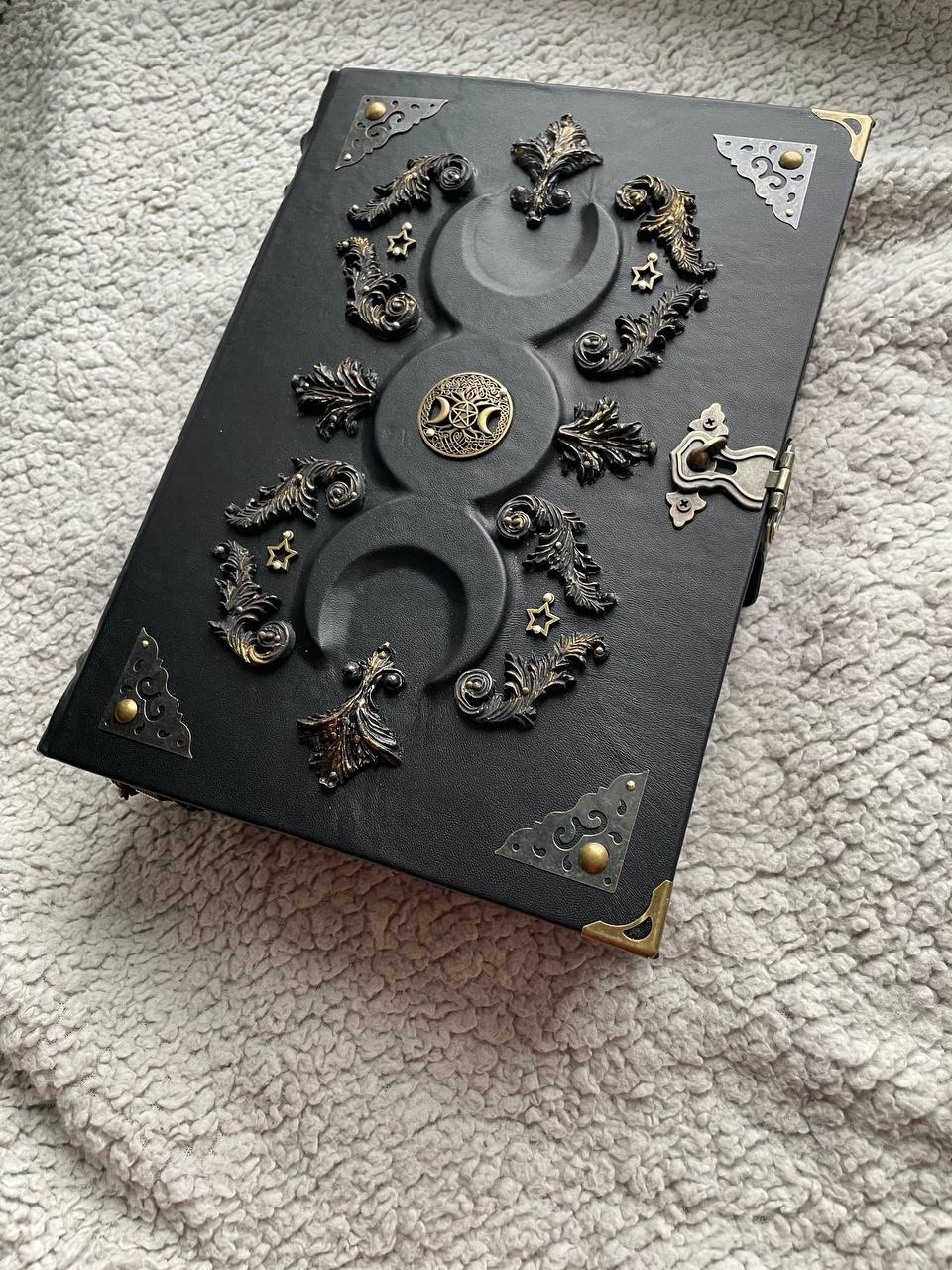 Black Moon Leather Grimoire A4 • Handmade Spellbook with Bronze Decor & Lock • Gothic Witch Journal