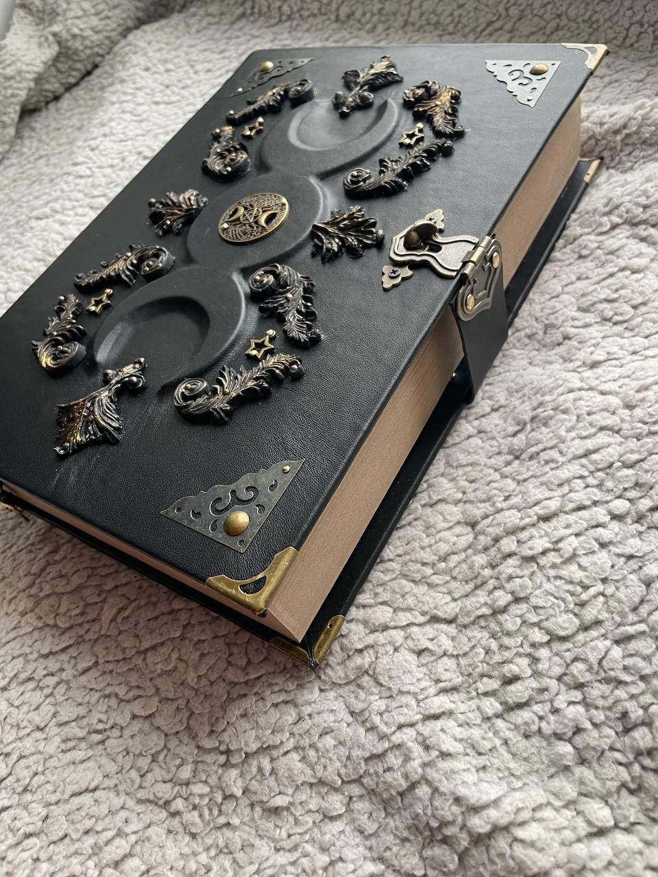 Black Moon Leather Grimoire A4 • Handmade Spellbook with Bronze Decor & Lock • Gothic Witch Journal