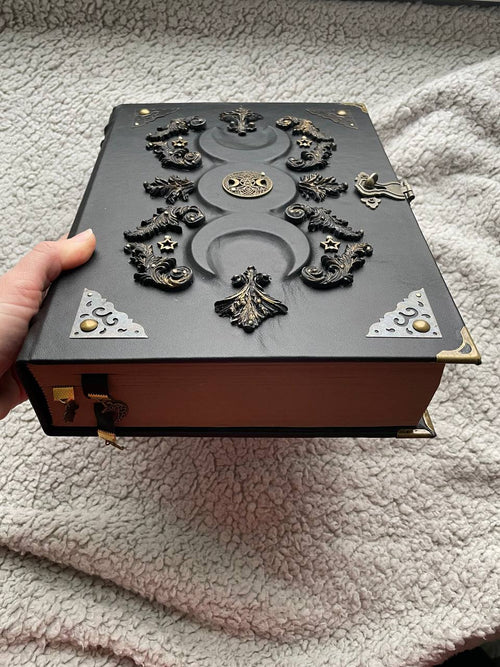 Black Moon Leather Grimoire A4 • Handmade Spellbook with Bronze Decor & Lock • Gothic Witch Journal