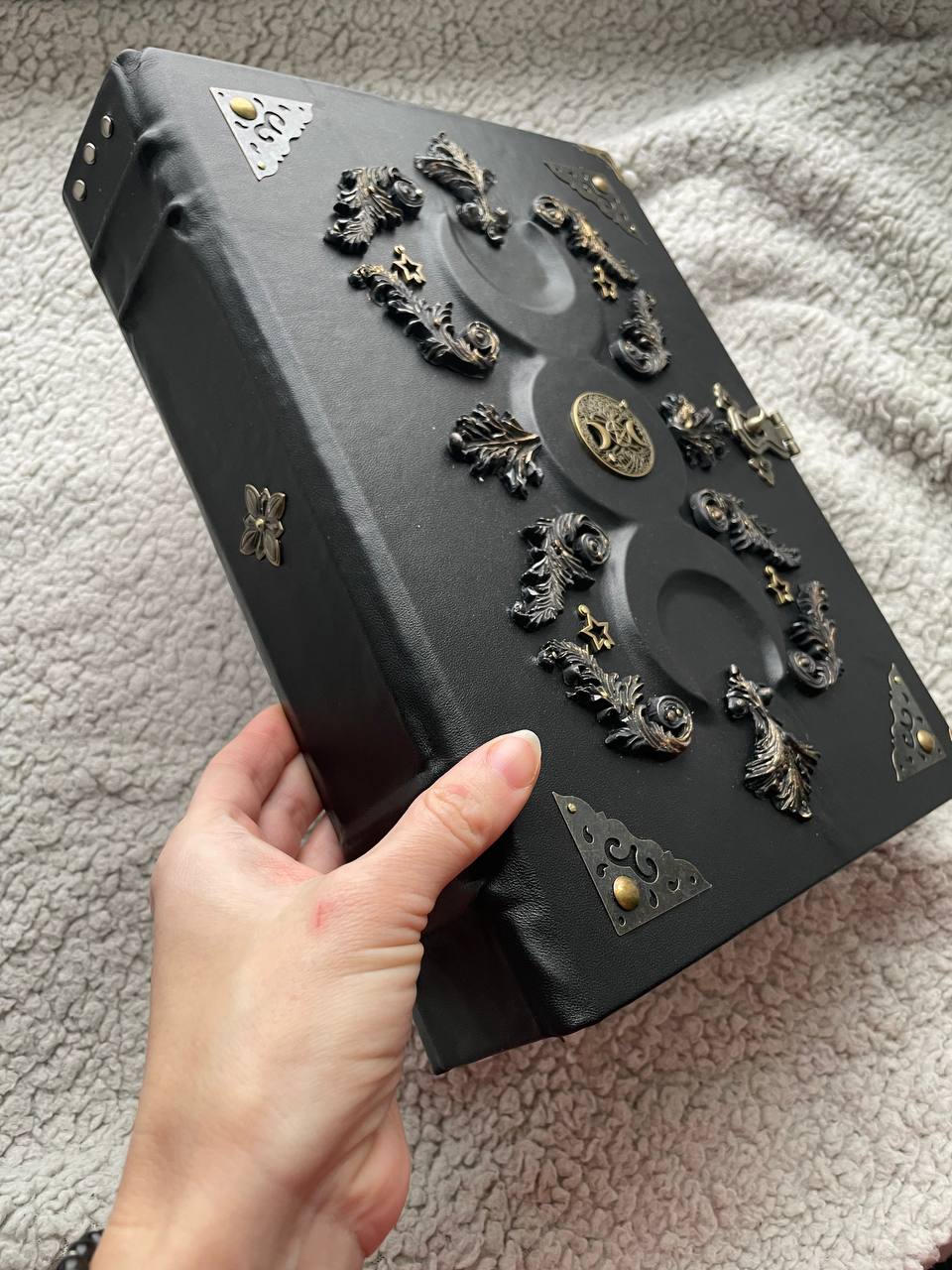 Black Moon Leather Grimoire A4 • Handmade Spellbook with Bronze Decor & Lock • Gothic Witch Journal