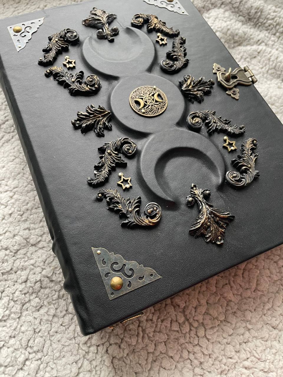 Black Moon Leather Grimoire A4 • Handmade Spellbook with Bronze Decor & Lock • Gothic Witch Journal