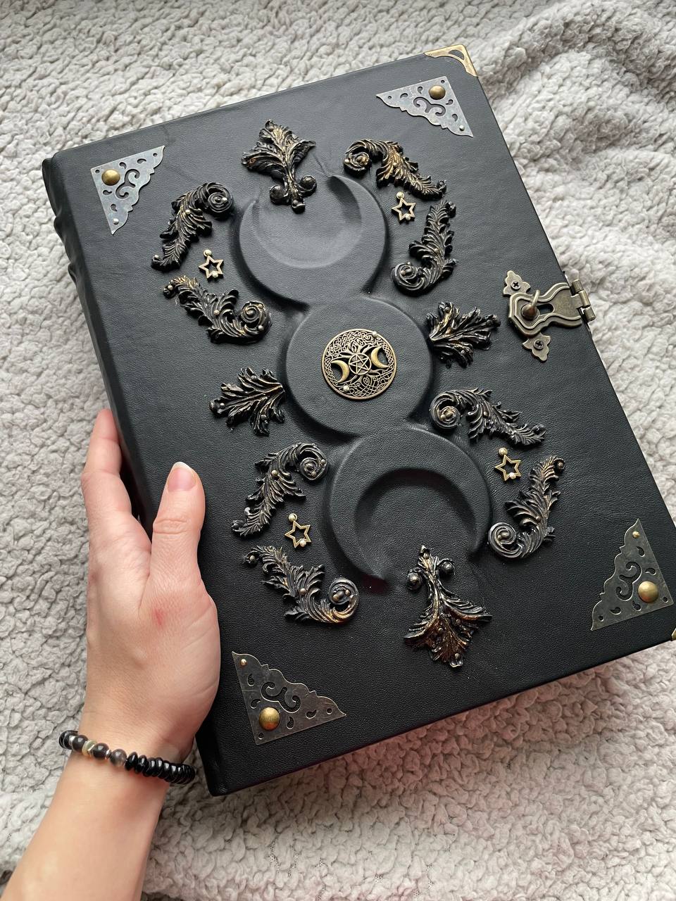 Black Moon Leather Grimoire A4 • Handmade Spellbook with Bronze Decor & Lock • Gothic Witch Journal