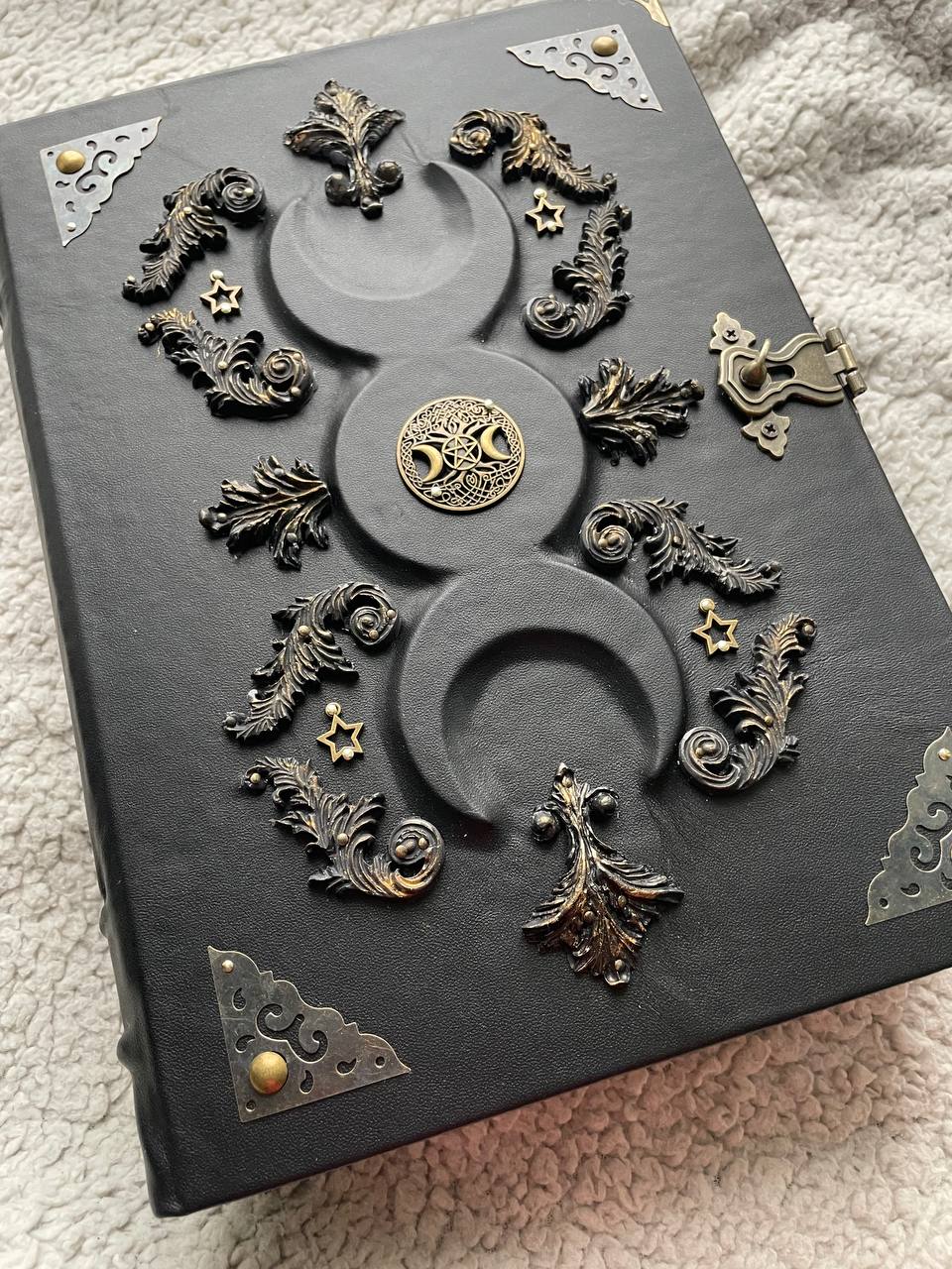 Black Moon Leather Grimoire A4 • Handmade Spellbook with Bronze Decor & Lock • Gothic Witch Journal